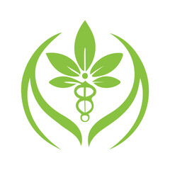 Green leaf combined with medical staff symbol, perfect for healthcare, medicine, & natural wellness.