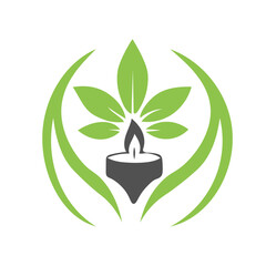 A candle within green herbal leaves line art vector representing natural spa, relaxation & holistic therapy concepts.