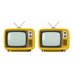 Two yellow vintage televisions isolated on a transparent background