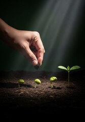 Hand planting seeds in fertile soil under a ray of light.