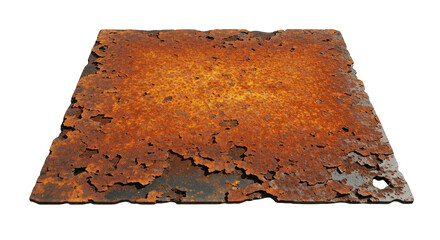 A Flat Metal Plate Covered In Textured Rusty Orange And Brown Patches Isolated On A Transparent Black Background With Dramatic Lighting Accentuating The Corrosion And Decay