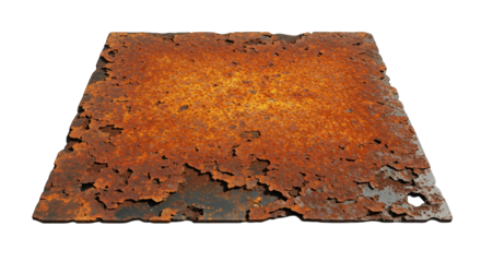 A Flat Metal Plate Covered In Textured Rusty Orange And Brown Patches Isolated On A Transparent Black Background With Dramatic Lighting Accentuating The Corrosion And Decay