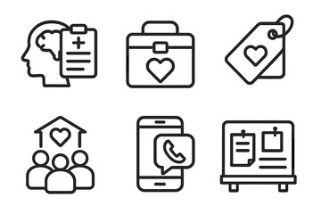 Mental Health Icons. Line style icons of mental health: mental health resources, toolkit icon with heart, awareness pamphlet tag,