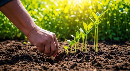 Hand planting young seedlings in fertile soil under sunlight.