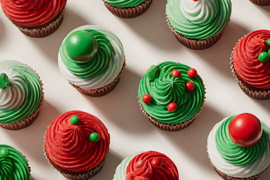 Festive holiday cupcakes decorated with red, white, and green frosting and candy toppings arranged on a table