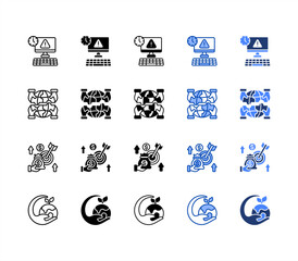 Outdated, Political instability, Limited funds, Environmental issues multiple style icon set.