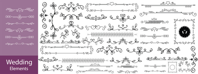 Set of hand drawn decorative borders and dividers. Elegant calligraphic lines, vintage flourishes and ornamental swirls for page decoration, wedding invitations or web design.