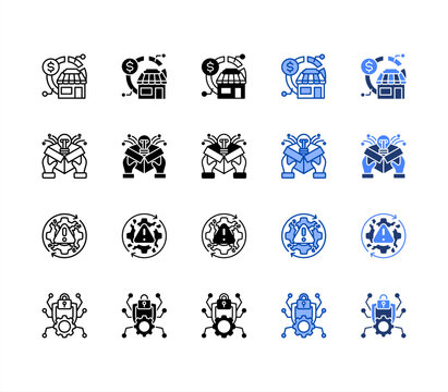 Market share, Product innovation, Inefficiency, Cybersecurity threats multiple style icon set.