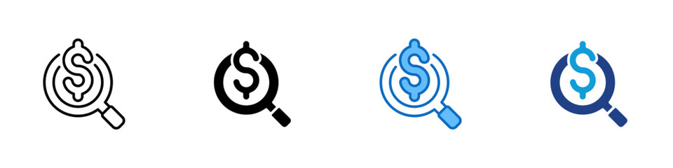 Financial Audit Multiple Style Icon Design Vector - magnifying glass over a dollar sign symbolizing financial inspection, budget control, and money analysis