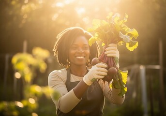 Happy Woman Harvesting Fresh Vegetables in Garden at Sunset.