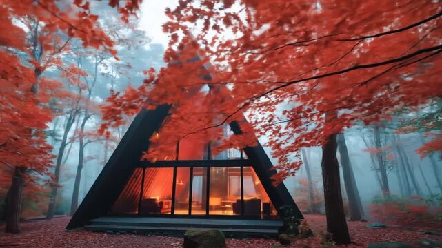 A frame cabin in autumn forest with red foliage and foggy atmosphere