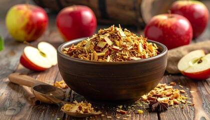 Delectable  crumble topping sits in a rustic bowl with whole and halved apples.