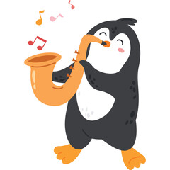 Charming Cartoon Penguin Playing a Golden Saxophone with Musical Notes Floating Around in a Joyful Celebration