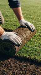 Laying Sod - A Gardeners Hands Rolling Out Fresh Turf.