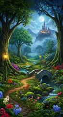 Fototapeta premium A whimsical pathway through an enchanted forest leads to a glowing castle on a misty mountain under a full moon.