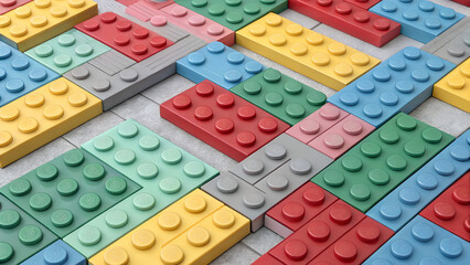 Naklejka premium Colored plastic construction plate with black circles, geometric circle colorful wallpaper, seamless modern design abstract background, closeup plastic toy block