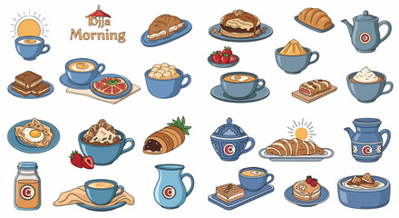 Breakfast food collection with coffee and pastries