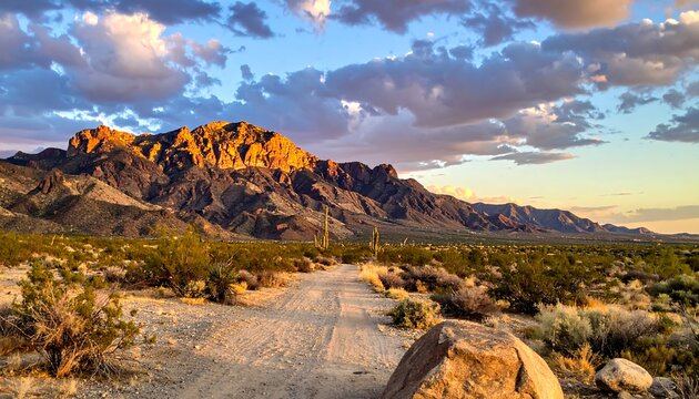 Desert landscape featuring mountains, a dirt road, and a cloudy sky at sunset, with arid vegetation