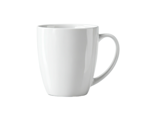 A clean, white ceramic mug with a simple curved handle on a black background