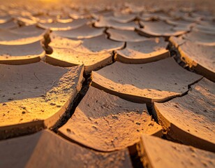 Closeup of Dry Cracked Earth at Sunset