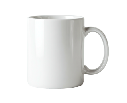 Plain white ceramic mug with handle, isolated on a black background