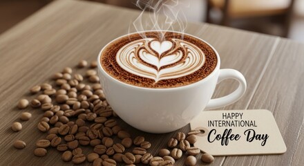 A steaming cup of coffee with a heart-shaped latte art design on a wooden table with coffee beans.