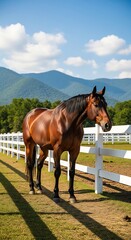 Majestic Horse Grazing Peacefully in a Scenic Mountain Pasture.