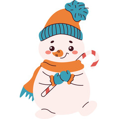 Charming Cartoon Snowman Character Adorned with a Cozy Orange Hat and Scarf Holding a Festive Candy Cane with Blue Mittens against a White Background