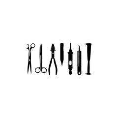 Dental Instruments Silhouette Collection, orthodontic, dental implant tools  dental mirror, probe, college tweezer, dental scaler icons 