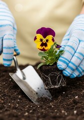 Planting a Pansy - Gardening with Gloves and a Trowel.