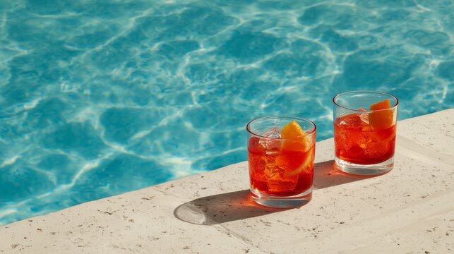 two spritz cocktails on white stone edge overlooking bright blue pool water