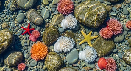 Colorful sea anemones and starfish in tidal pool