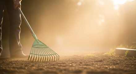 Raking leaves in the golden light of autumn.