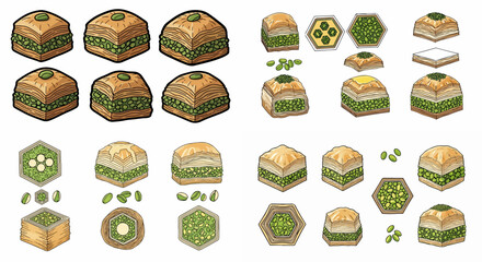 Baklava pastries assortment with detailed cross-sections