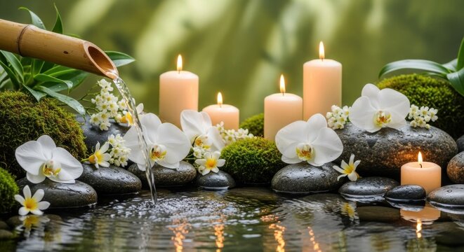 Candles and orchids on a stone patio with bamboo water feature. - Powered by Adobe