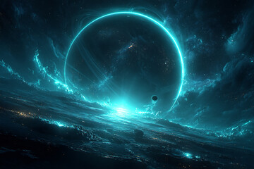 A Glowing Celestial Circle Dominates, Lighting a Nebula Over an Horizon View