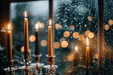 Burning Taper Candles on Rainy Day, Cozy Warmth Against Cold Night Window