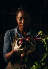 Woman Farmer Holding Fresh Beets in Gloved Hands.