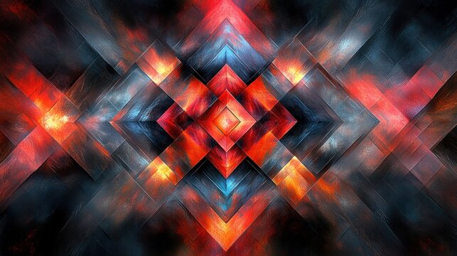 Abstract, geometric, vibrant design with intersecting rhombuses and fiery colors