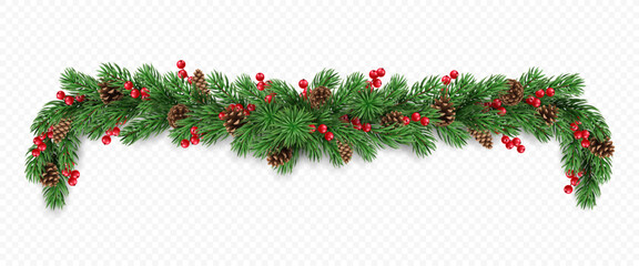 Vector realistic pine tree branches, cones and red berries isolated on a transparent background. Holiday Christmas tree garland for winter decoration banner, poster, greeting card.