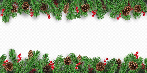 Vector frame with pine tree branches, cones and red berries, isolated on a transparent background. Holiday border fir tree branch for winter banner, poster, greeting card.