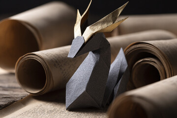 Detailed Origami Deer Sculpture Surrounded by Rolled Old Paper Scrolls