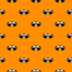 Seamless Beer Mugs Icon Pattern on Orange Background. Minimalist Black and White Vector Wallpaper for Pub