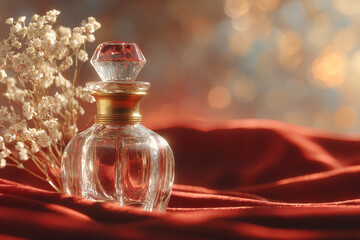 Elegant Perfume Bottle with Flowers on Red Velvet and Soft Golden Light Backdrop