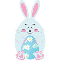 Charming light blue Easter bunny holding a pastel blue egg decorated with white daisies and pink accents perfect for spring holidays and celebrations
