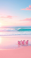 Pink butterflies rest on a pastel pink sandy beach with gentle turquoise waves under a clear sky.