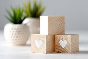 Minimalist Still Life with Wood Blocks, Heart Symbols, and Potted Green Plants Display