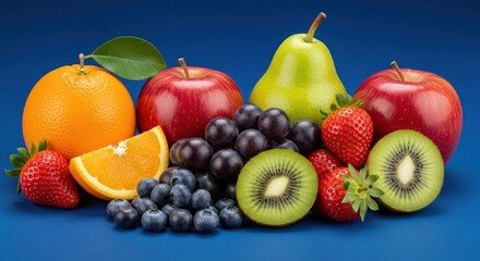 A colorful assortment of fruits including oranges, apples, pears, and kiwi slices on a blue background.