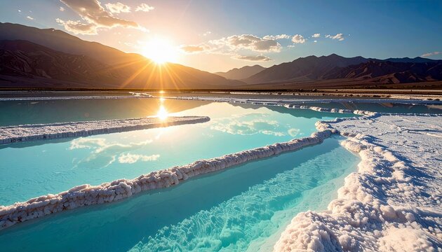 A vibrant sunset casts a golden glow over a serene landscape of turquoise salt flats, bordered by white salt formations and distant mountains.
