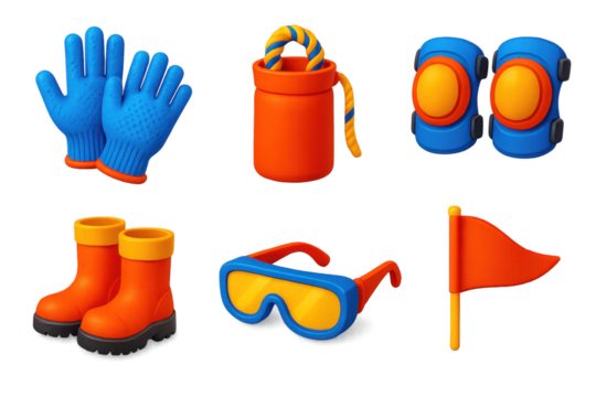 Magnet Fishing Gear Icons. 3D icon set of magnet fishing safety gear: cut-resistant gloves, rope bag, knee pads, high-grip boots,